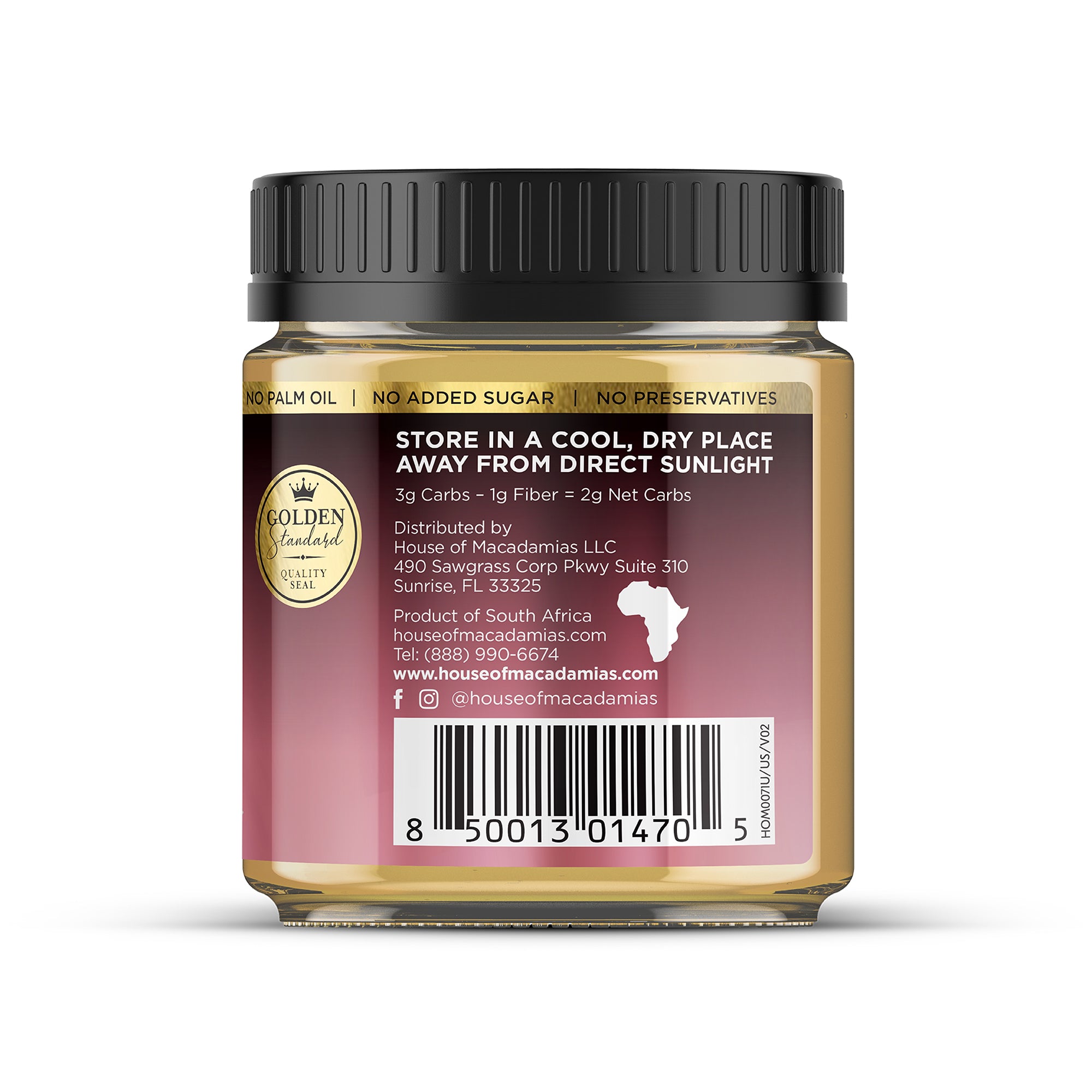 House of Macadamias Sea Salt Macadamia Nut Butter jar, side view showing storage instructions, ingredient list, and usage directions on a white background