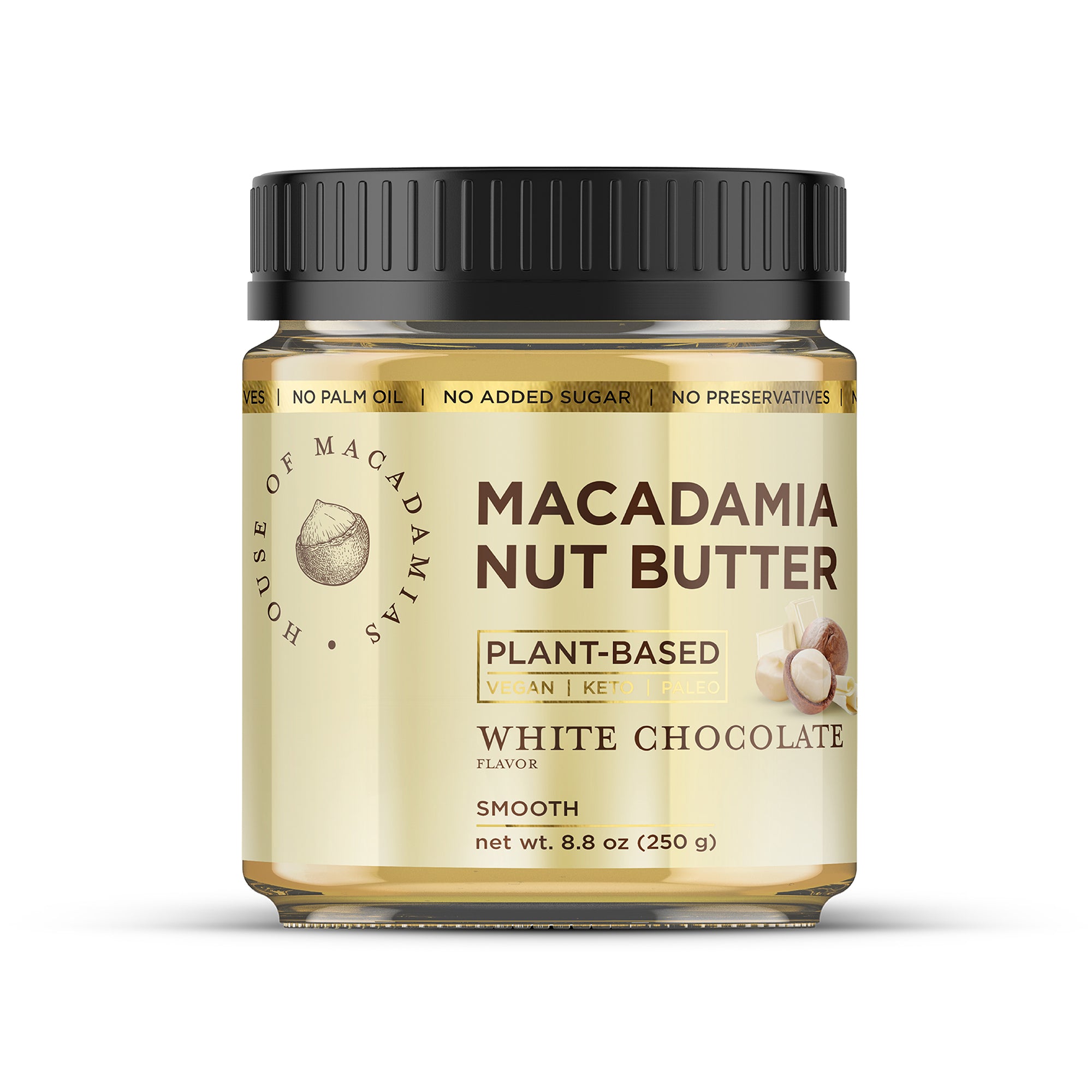 House of Macadamias White Chocolate Macadamia Nut Butter jar front view on a white background