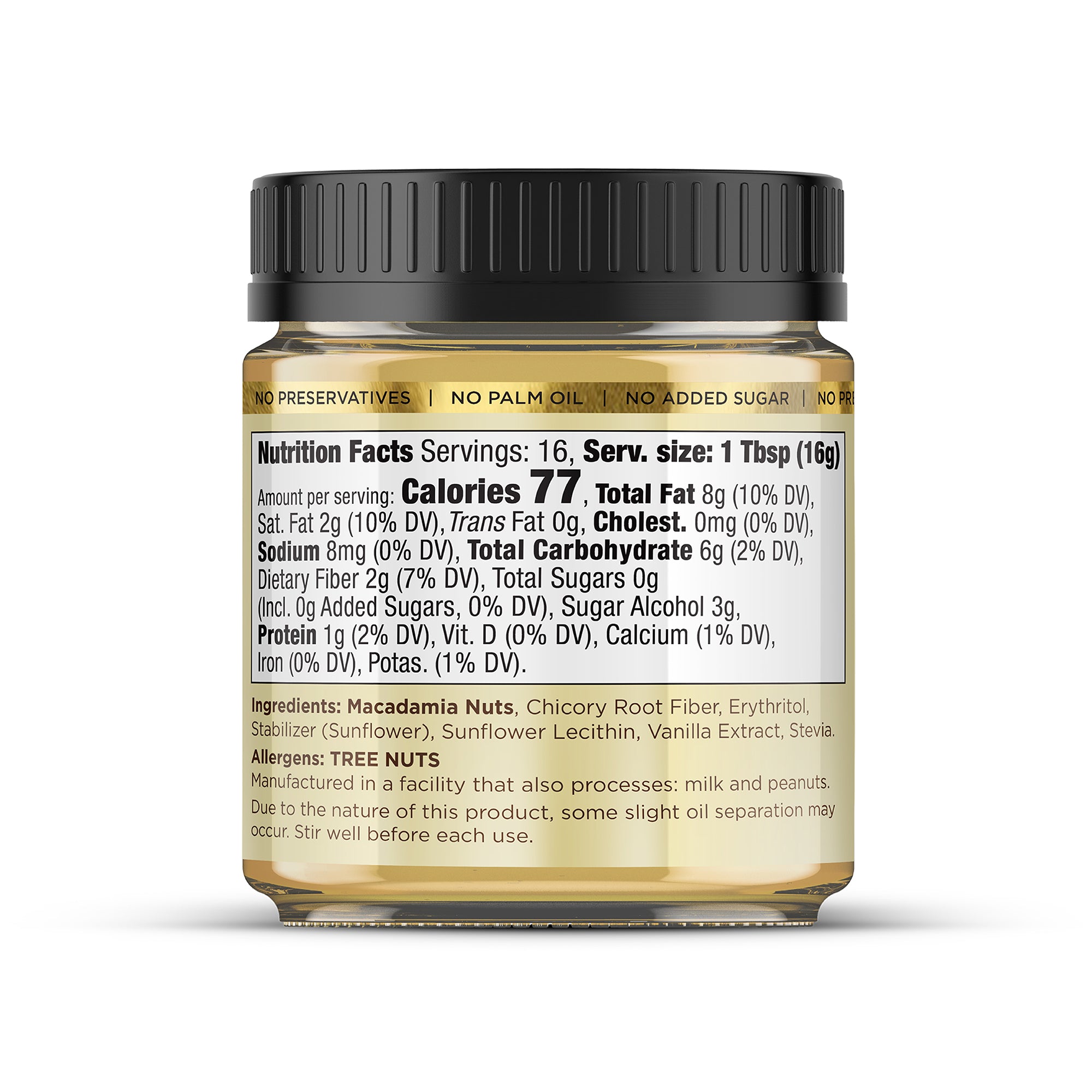 House of Macadamias White Chocolate Macadamia Nut Butter jar back view showing nutritional information on a white background