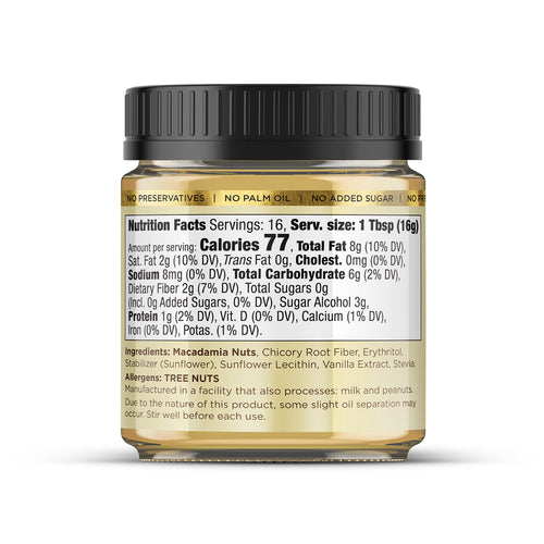 House of Macadamias White Chocolate Macadamia Nut Butter jar back view showing nutritional information on a white background