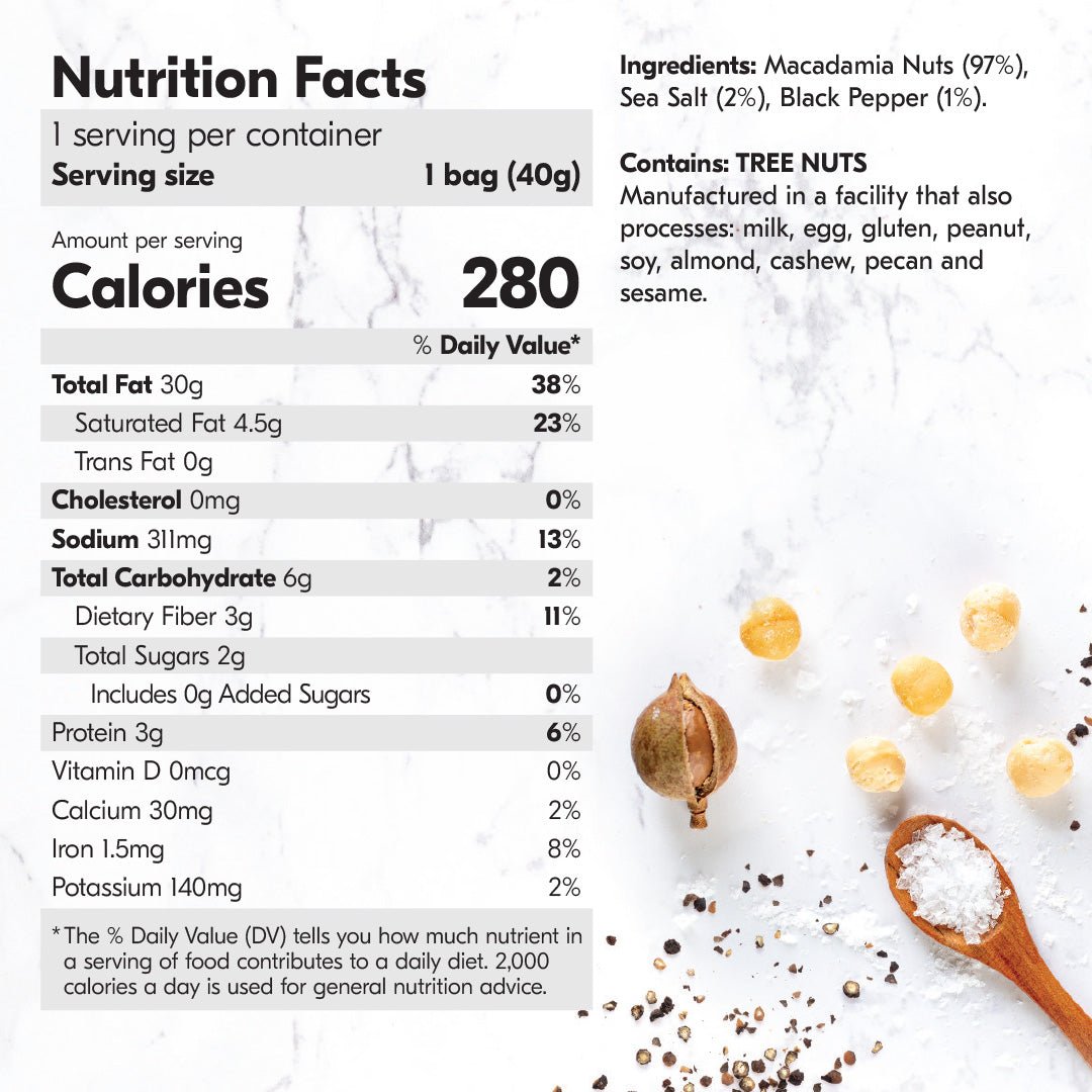 Dry Roasted Macadamia Nuts with Namibian Sea Salt & Cracked Pepper (12 Bags) - House of Macadamias - good plane snacks