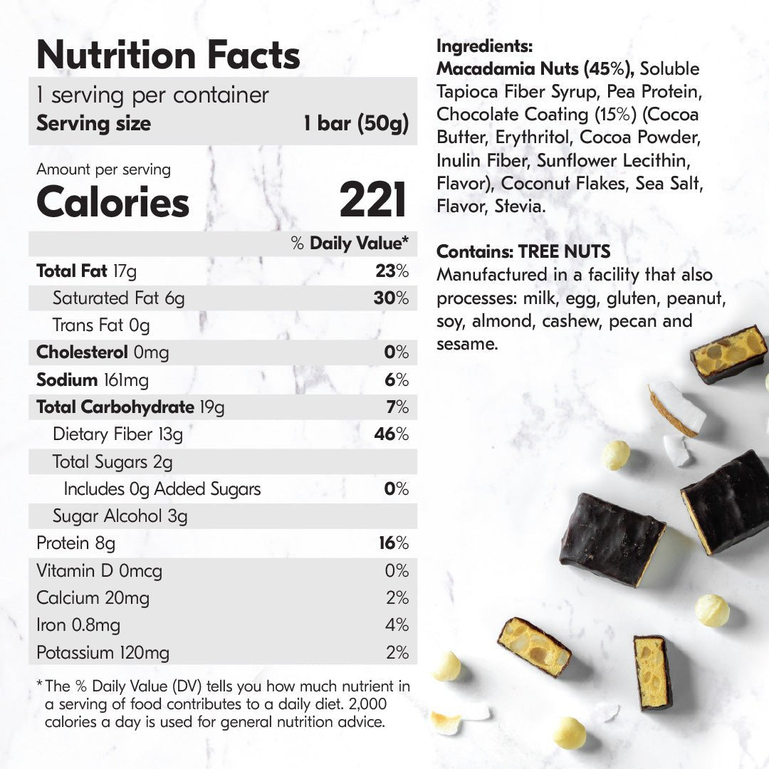 Chocolate Coconut Macadamia Protein Bars (12 Bars) | House of Macadamias | fat content of macadamia nuts