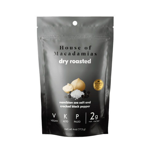 Dry Roasted Macadamia Nuts with Namibian Sea Salt & Black Pepper (4oz x 6 Bags) - House of Macadamias - simple snacks