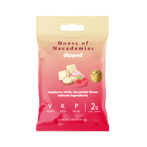 Raspberry White Chocolate Dipped Macadamia Nuts (12 Bags) - House of Macadamias - quick and easy snack ideas