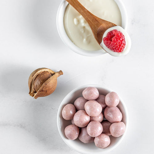 Raspberry White Chocolate Dipped Macadamia Nuts (12 Bags) - House of Macadamias - recipes for macadamia nuts